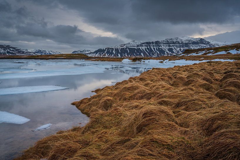 Die Robustheit Islands. Der See bei dem Berg Kirkjufell und mit Blick auf die Berge auf der anderen  von Anges van der Logt