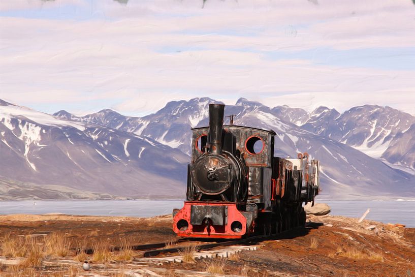 Berglandschaft Spitzbergen mit antikem Dampfzug von Maurice Dawson