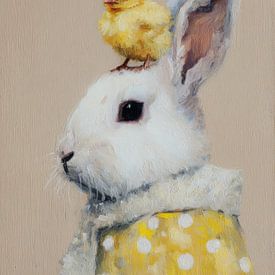 Adorable lapin avec poussin aux couleurs douces du printemps sur But First Framing