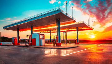 Tankstation met zonsondergang van Mustafa Kurnaz