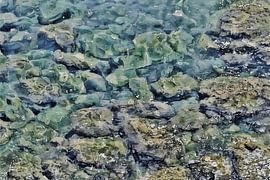 Stillness in Splendour: an illustration of clear Mediterranean seawater on a rocky beach by Dirk van der Ven