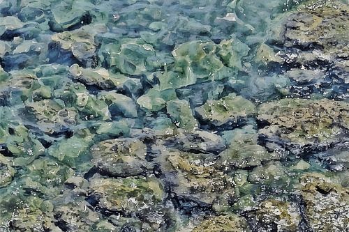 'Verstilling in Schittering': een modern schilderij van helder mediterraans zeewater