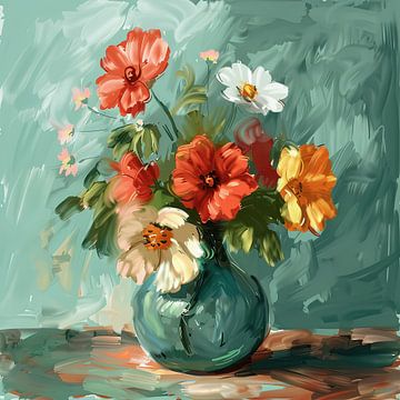 Vase avec fleurs rouges, vertes et orange Impressionnisme sur Natasja Haandrikman