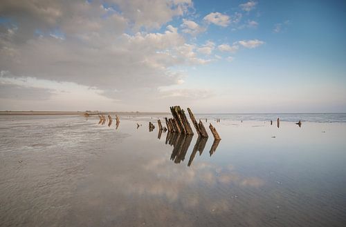 Prachtige weerspiegeling van houten paaltjes in zee