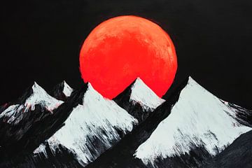 Rode zon achter bergen van Poster Art Shop