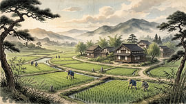 Friedliche Ernte in einem japanischen Dorf unter nebligen Bergen von my pixel art