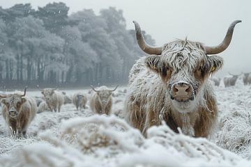 Winter guardian: Scottish Highland cattle in the snow - a work of art for lovers of winter nature by Poster Art Shop