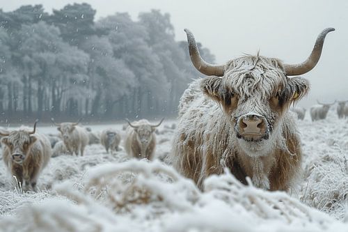 Wintervoogd: Schotse Hooglanders in de sneeuw - een kunstwerk voor liefhebbers van winterse natuur