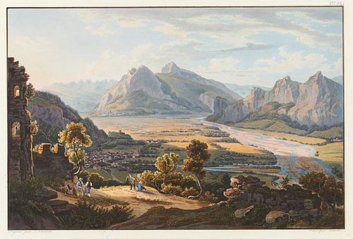 Blick auf die Ruine Haldenstein oberhalb von Ragatz und dem Städtchen Sargans, Johann Ludwig Bleuler