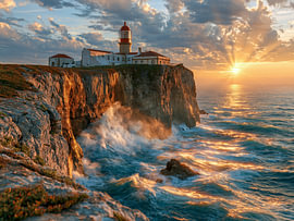A lighthouse on steep cliffs at sunset by Max Steinwald