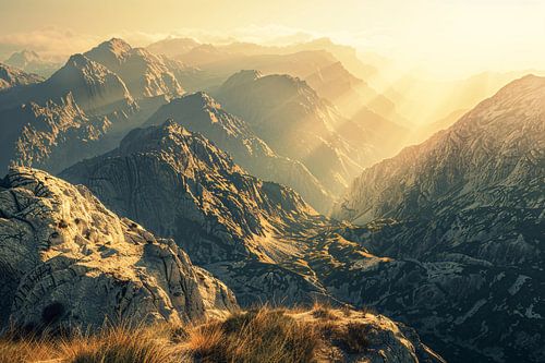 Majestueuze bergen bij zonsopgang in sepia