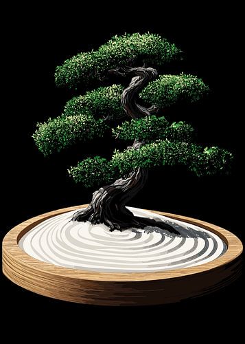 Esthetische bonsai in Zen-zandtuin