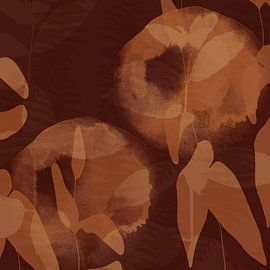 Flowers and leaves in terracotta on brown. Abstract botanical art. by Dina Dankers