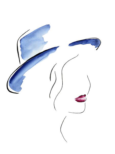 Dame mit dem blauen Hut (Aquarellmalerei Porträt Frau Strichzeichnung Strichkunst) von Natalie Bruns