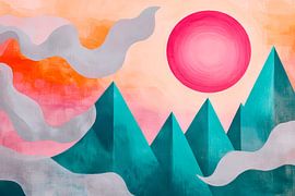 Mountain landscape with pink sun - Abstract by Poster Art Shop