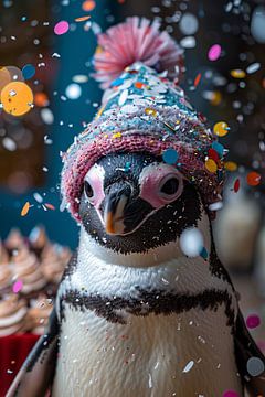 Grappige pinguïn viert feest met confetti en feestmuts van Felix Brönnimann