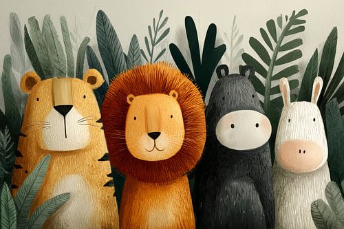 Four safari friends in the green jungle