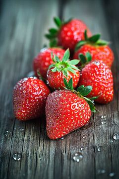 Sappige aardbeien op een houten bodem van Poster Art Shop