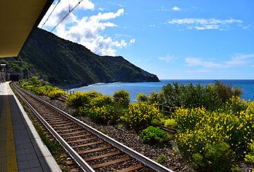 Rail line along the coast of the Cinque Terre in Liguria, Italy, at the edge of the bay by Studio LE-gals