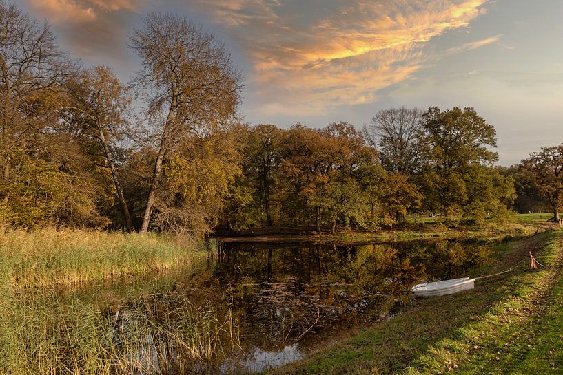 two boats in a pond in the autum forest with red brown and golden colors in national park de veluwe  by ChrisWillemsen