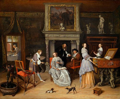 Fantasie-interieur met Jan Steen en de familie Gerrit Schouten, Jan Steen