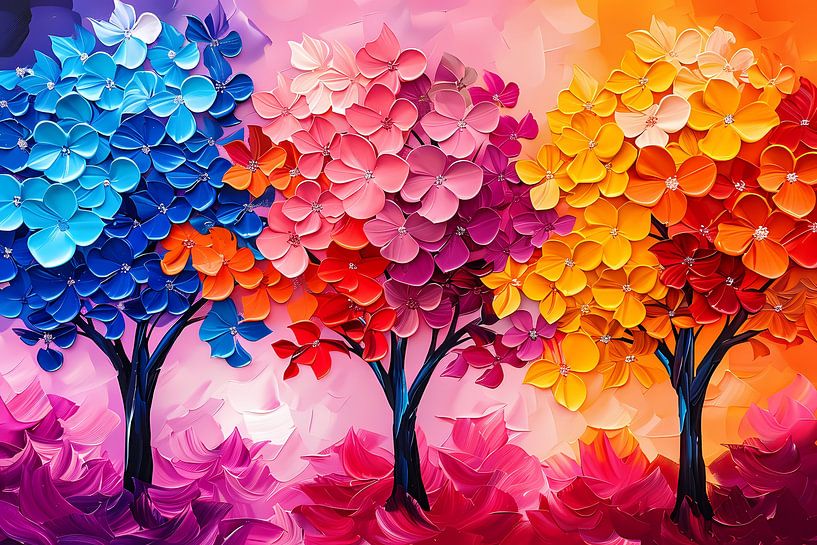 Colourful abstract trees and flowers painting by Art & Soul Creations