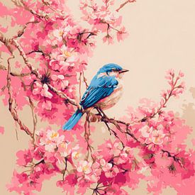 Blue bird among pink blossoms by But First Framing