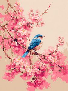 Blauer Vogel zwischen rosa Blüten