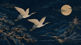 Twee gouden kraanvogels die onder de volle maan boven Japan vliegen van my pixel art