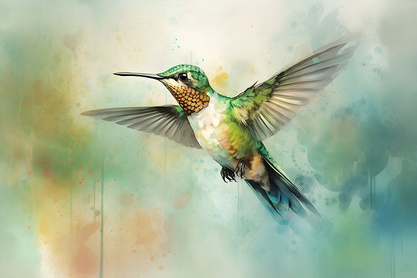 Fliegender Kolibri in Farbe von und ArtFrame, Leinwand, But Poster | auf Heroes Framing Art First mehr