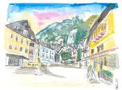 Hallstatt romantischer Marktplatz mit Berg und Wasserfall in Österreich von Markus Bleichner Miniaturansicht