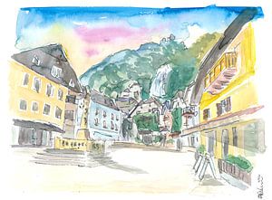 Hallstatt romantischer Marktplatz mit Berg und Wasserfall in Österreich