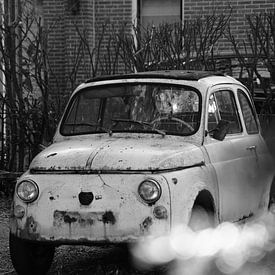 voiture ancienne (remise à neuf) dans le jardin fiat photo noir et blanc sur Marion Hesseling