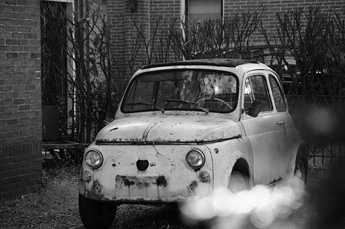 voiture ancienne (remise à neuf) dans le jardin fiat photo noir et blanc