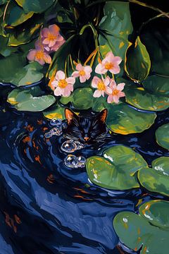 Zwarte kat in de waterlelievijver