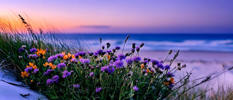 Field of flowers by the sea - evening mood by Poster Art Shop