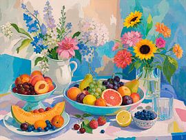 A colourful summer still life featuring summer fruit and flowers in fresh shades by Studio Pieternel