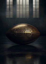 Een vintage leren American-footballbal die op een donker, gestructureerd oppervlak ligt van Morgan