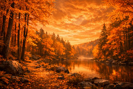 Goldener Herbstwald am Fluss – Romantische Naturlandschaft im Sonnenuntergang von ButterflyPix