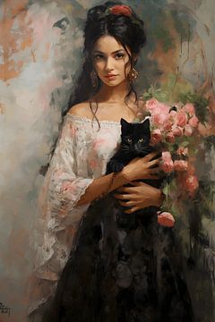 Lady with Cat and Flowers