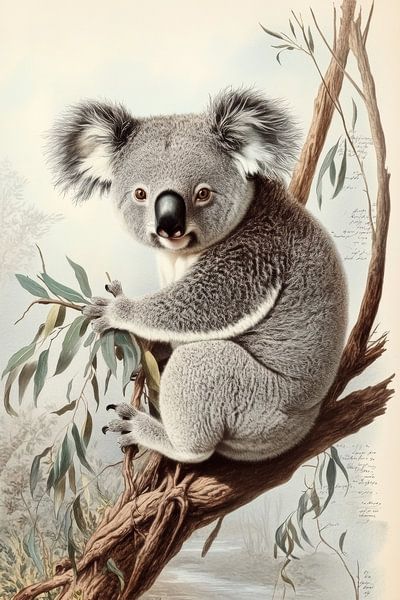 Koala on Branch Gentle Rest in Botanical Portrait by Eva Lee