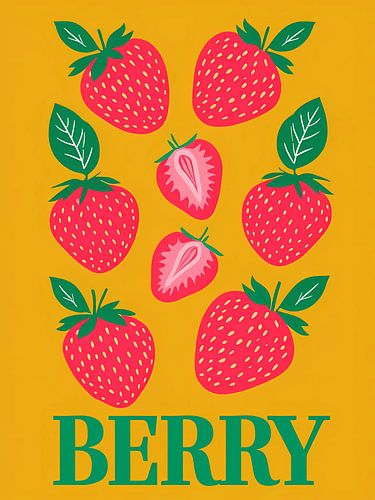 Vibrant Strawberry Still Life: A Cheerful Composition of Whole and Halved Berries on a Sunny Yellow Backdrop