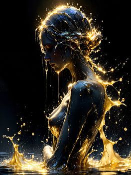 Naakte vrouw in de gouden regen van transformatie - tussen water, licht en toewijding, waar sensualiteit verandert in pracht en praal en onthulling en sluiering elkaar ontmoeten in een moment van stille extase
