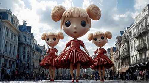 Drie reuzenpoppen in de stad