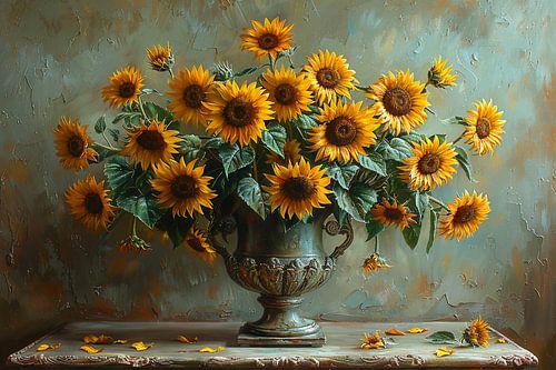 Klassiek stilleven met zonnebloemen in een vaas