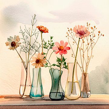 Elegantes Gemälde: Reihe von Vasen mit Feldblumen von Studio Pieternel