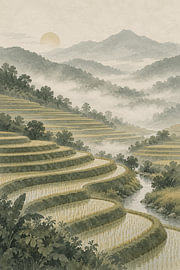 Misty Terraces: Serene Rice Fields and Mountain River at Sunrise by Alfonz