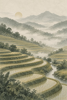 Misty Terraces: Serene Rice Fields and Mountain River at Sunrise
