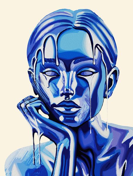 Blue Abstract Portrait Contemporary Dripping Paint Expression by Ramy Salah Hefny