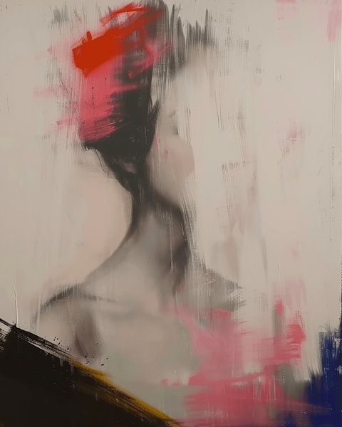 Außergewöhnliche abstrakte Porträt in weiß, rot, rosa, blau und schwarz von Carla Van Iersel